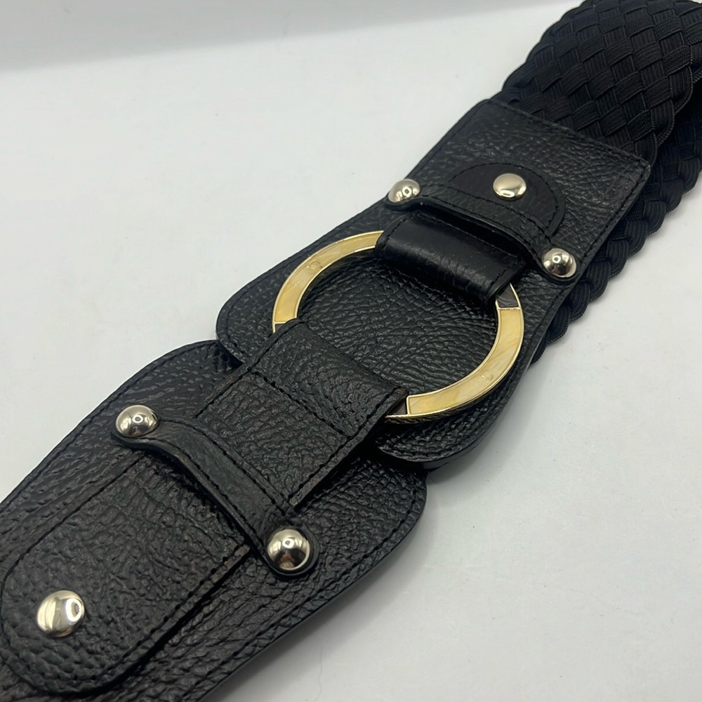 VTG Chico leather braid elastic black belt with enamel buckle size M statement